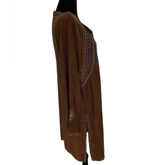 BCBG MAXAZRIA SILK” Tunic Embellished with Stones & Beads Brown Boho Chic Goth - Picture 7 of 14